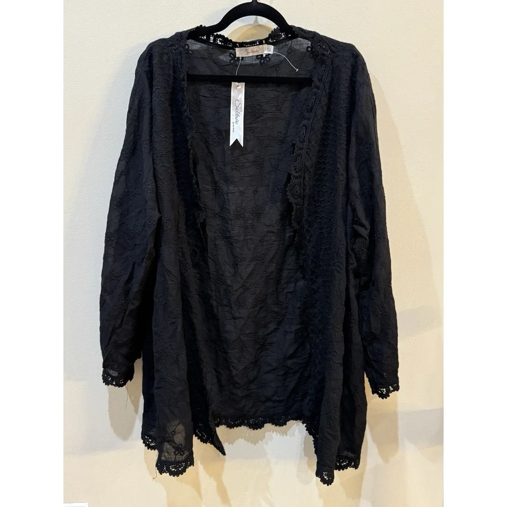 Solitaire Black Open Front Embroidered Eyelet Crochet Duster Cardigan Size 3X